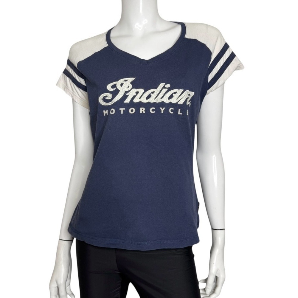 Indian Motorcycle Women's Navy & White Wrecking‎ Crew V-Neck Raglan Tee Shirt
